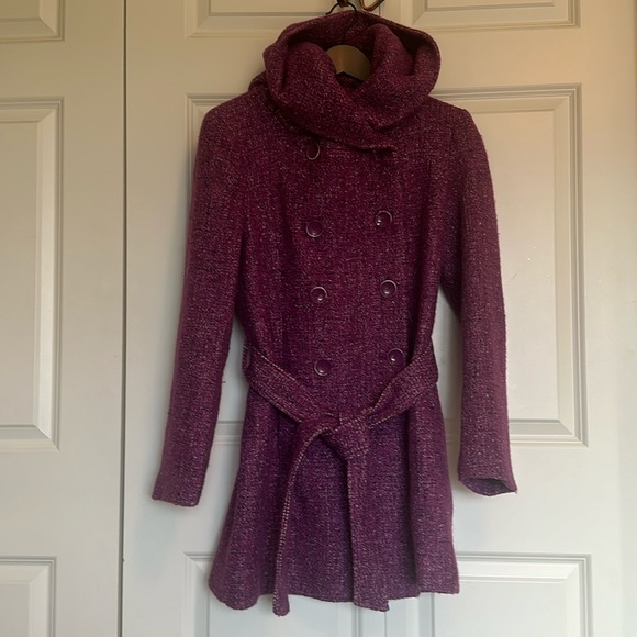 Vertigo Paris coat size M  double breast lavender tweed belted shawl hood collar - Picture 1 of 9